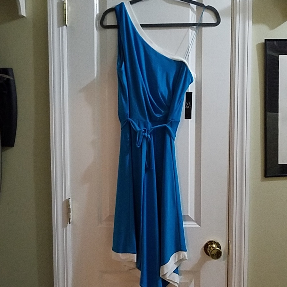N Y & Co color block turquoise asymmetrical dress